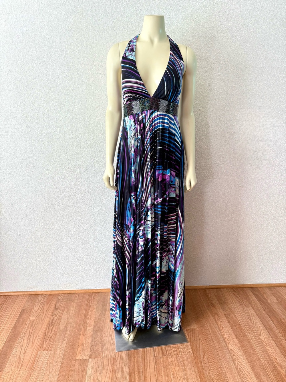 XOXO Y2K Halter Maxi Dress Sz M Beaded Waist Abstract Print Purple Blue Formal